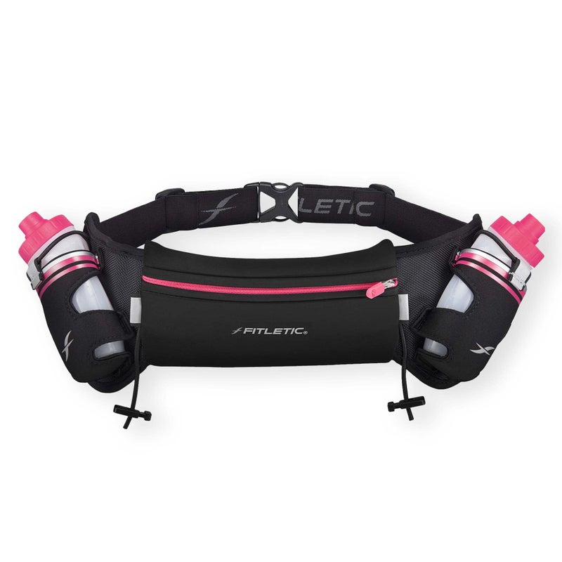 Fitletic Hydration Running Belt With Water Bottles For Men & Women â€“ 2 Quick Flow 8oz Running Water Bottles, Patented Bounce Free Design, Water Resistant Pouch Fits All Phones â€“ Hydra 16 - Image 1